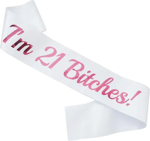 Banda de cumpleaños de 21 cumpleaños, color blanco, banda de papel de aluminio rosa para mujer, divertidas decoraciones de fiesta de cumpleaños de