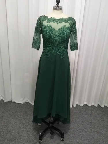 Miniatura 4 de A Line Tea Length Mother of The Bride Dress with Sleeve Half Sheer Lace Applique Chiffon Formal Evening Party Gowns for Women