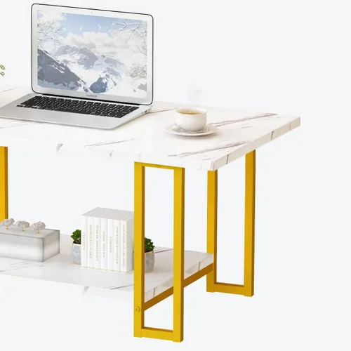 Miniatura 6 de AWQM Mesa de Centro de Mármol, Mesa de Centro Rectangular con Superficie de Mármol Sintético con Marco de Metal Dorado, Mesa de Sala de 2 Niveles