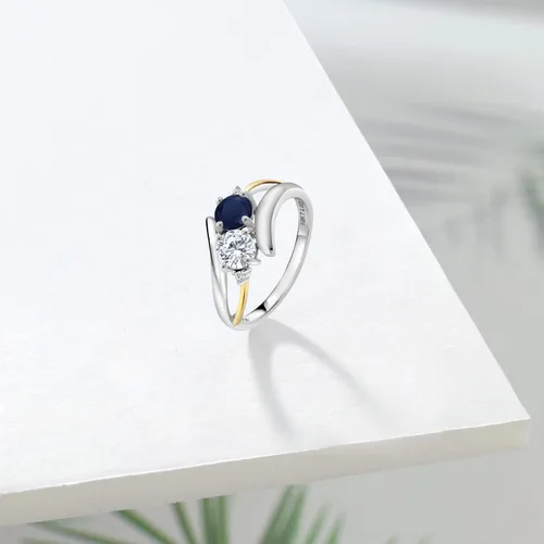 Miniatura 4 de Gem Stone King Anillo cruzado de 2 piedras de zafiro azul de 112 quilates y oro amarillo de 10 quilates cultivado en laboratorio con 2 piedras Metal