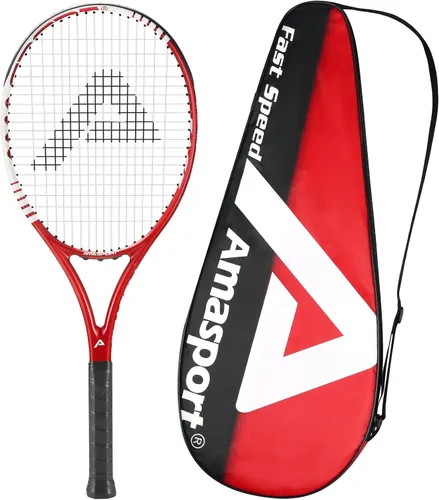 AMA SPORT Adult Tennis Racket - Pre-Strung Light Balance 27 inch Tennis Racquet for Women and Men Grip Size 2-4 1/4" Rojo
