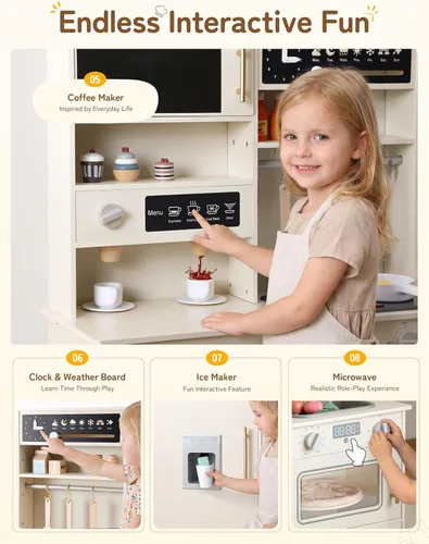Miniatura 5 de besrey Juego de cocina para niños, juego de cocina de madera para niños con luces y sonidos reales, cocina de juguete para niños pequeños