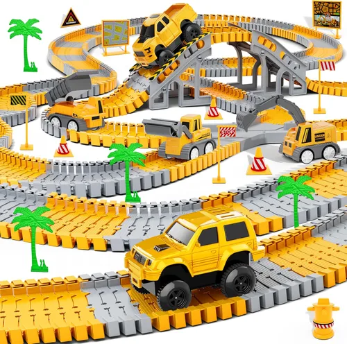 Juguetes para niños 253 piezas Pista de carreras de construcción para niños de 3, 4, 5, 6, 7, 8 años, 5 piezas de camiones de construcción y coche