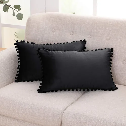 Miniatura 45 de Deconovo Juego de 2 fundas de almohada de terciopelo, 26 x 26 pulgadas, color azul, suaves pompones cuadrados con funda de cremallera oculta
