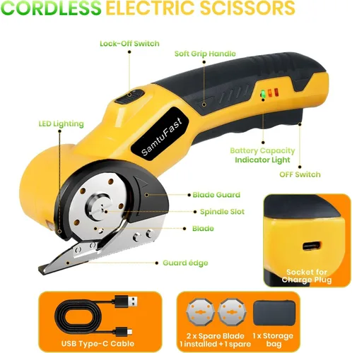 Miniatura 4 de Tijeras eléctricas inalámbricas, cortador de caja recargable de 4 V eléctrico con caja de almacenamiento, 2 cuchillas, cable de carga USB, cortador