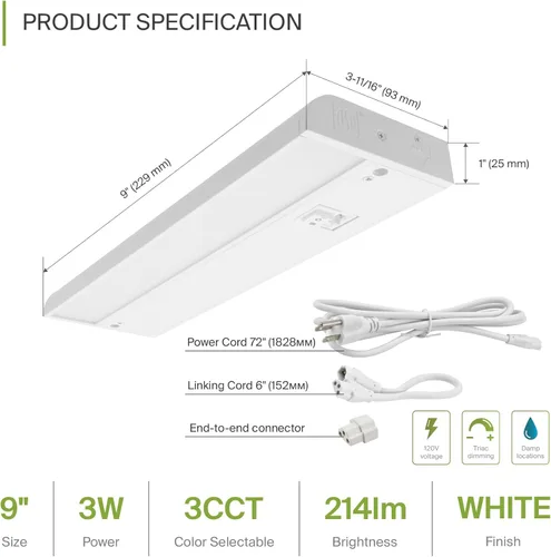 Miniatura 2 de ASD Iluminación LED para debajo del gabinete con enchufe o cableado de 9 pulgadas, luces regulables debajo del gabinete con interruptor 22.86 cm