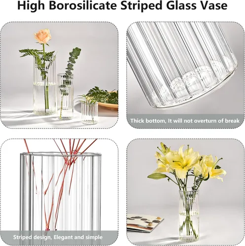 Miniatura 3 de Jarrón de flores, jarrones de vidrio de 8 pulgadas de alto, florero acanalado transparente para ramos de flores, centros de mesa, decoración