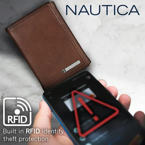 Miniatura 17 de Nautica Men's Trifold Wallet RFID Blocking Protection ID Window Card Slots Genuine Leather Durable