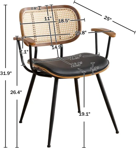 Miniatura 2 de Juego de 2 sillas de comedor de ratán, sillas auxiliares de cocina modernas de mediados de siglo, sillas de escritorio con patas de metal, sillas