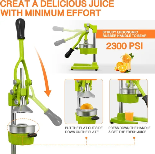 Miniatura 5 de Exprimidor manual comercial de hierro fundido de servicio pesado, exprimidor de cítricos manual de naranja, limón, lima, pomelo y granada con taza