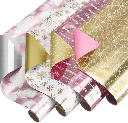 Miniatura 12 de American Greetings - Rollos de papel de regalo de Navidad de aluminio, envoltura de regalo festiva metálica en amarillo dorado y negro