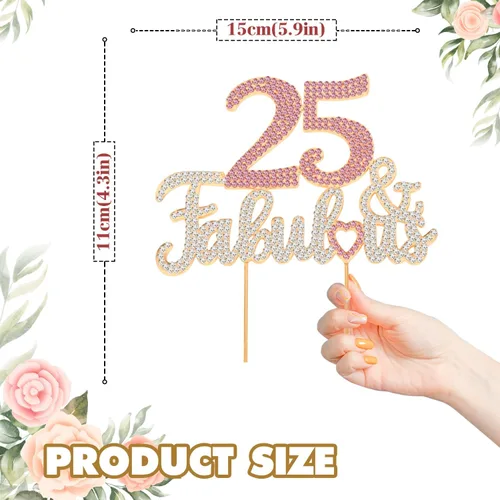 Miniatura 2 de 25 y fabulosa decoración de pastel de diamantes de imitación dorados y rosados – Feliz cumpleaños 25 años saluda a 25 años de edad, decoración
