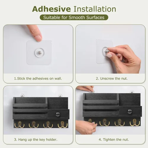 Miniatura 7 de Soporte para llaves de pared, organizador de correo adhesivo de madera y llaves con cajón, estante pequeño, 8 ganchos, 2 métodos de instalación
