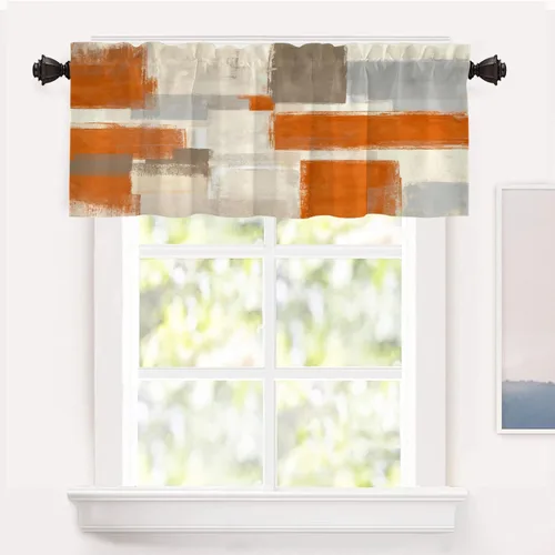 Miniatura 93 de Shrahala Beige and Orange Abstract Art Brushstrokes Blackout Curtain Tiers, Abstract Oil Paint Kitchen Valance Light Blocking Tier Drapes with Rod