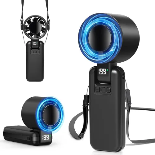 Ventilador turbo portátil 4 en 1, 15000 RPM/180° plegado/5000 mAh/20 horas, ventilador de mano recargable con tecnología Air Turbo, pantalla LED,