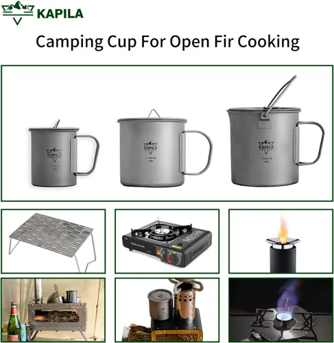 Miniatura 6 de KAPILA Taza de titanio de 16.9 fl oz, taza ligera para mochileros, camping, mango plegable, olla de titanio con tapa, camping, senderismo, picnic