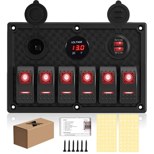 Miniatura 20 de Panel de Interruptores de Palanca Impermeable de 8 Posiciones con Cargador USB Dual y Voltímetro - Protección contra Sobrecarga para RV, Marina