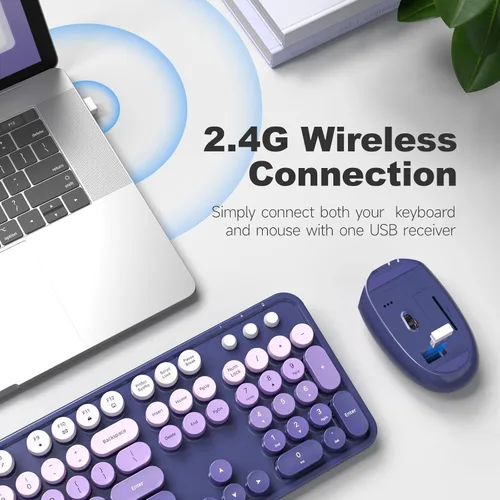 Miniatura 87 de KNOWSQT Combo de teclado y ratón inalámbrico, teclados lindos de tamaño completo estilo máquina de escribir 2.4G azul colorido - receptor USB Plug