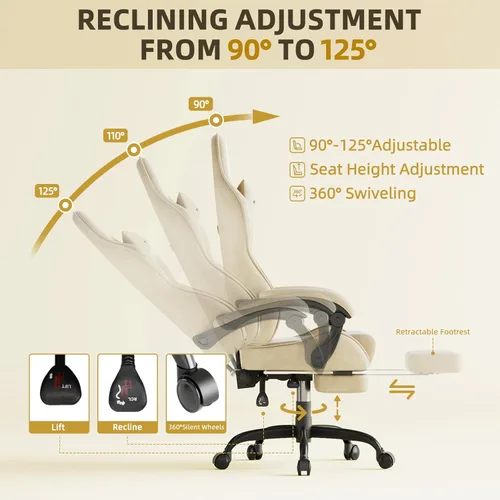 Miniatura 8 de Huracan Silla de juegos de tela de terciopelo con reposapiés para adultos, sillas ergonómicas para juegos con base de masaje, silla reclinable
