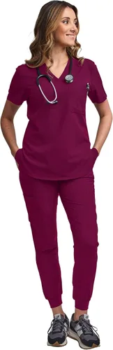 Miniatura 6 de Green Town Conjunto de ropa quirúrgica para mujer, pantalón deportivo y parte superior con cuello en V, 5 bolsillos, cintura de yoga, uniforme