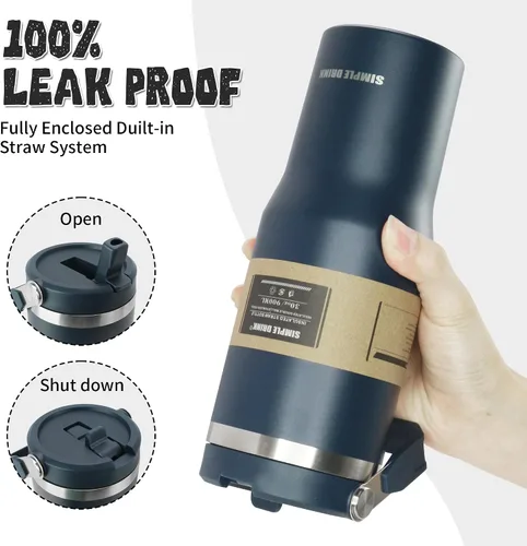 Miniatura 5 de Botella de agua aislada con pajilla abatible de 30 onzas con asa, vaso de acero inoxidable a prueba de fugas, taza de café de viaje al vacío
