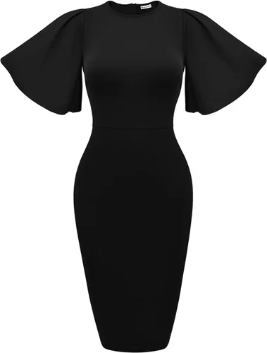 Memoriesea - Vestido de tubo entallado para mujer, diseño de mangas cortas acampanadas con volantes, largo por debajo de la rodilla