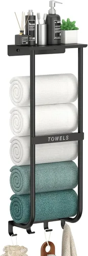 Toallero para baño, toallero de pared de metal negro con estante y 4 ganchos, organizador de almacenamiento de toallas de baño