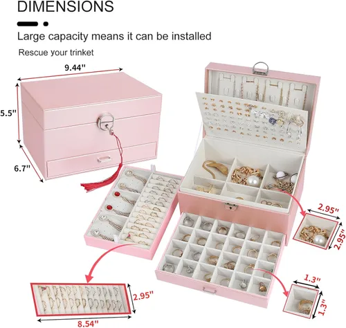 Miniatura 4 de BOOVO Joyero de pendientes para mujeres y niñas, organizador de joyas de 5 capas con candado, organizador de aretes, collar y anillos, caja