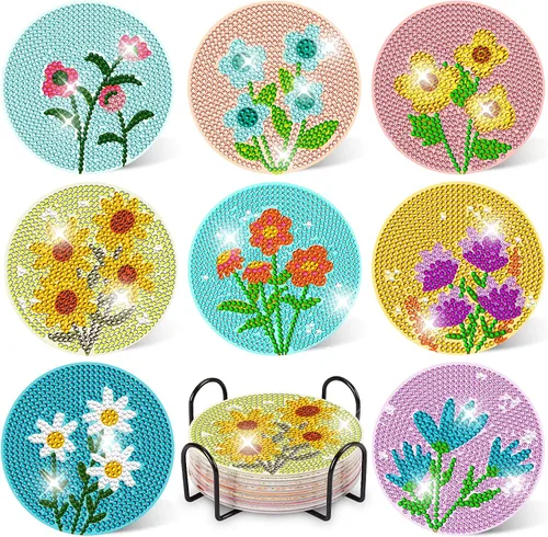 DOTZSO Juego de 8 posavasos de arte de diamante con soporte, kits de arte de diamantes para adultos principiantes, pequeños posavasos de pintura de