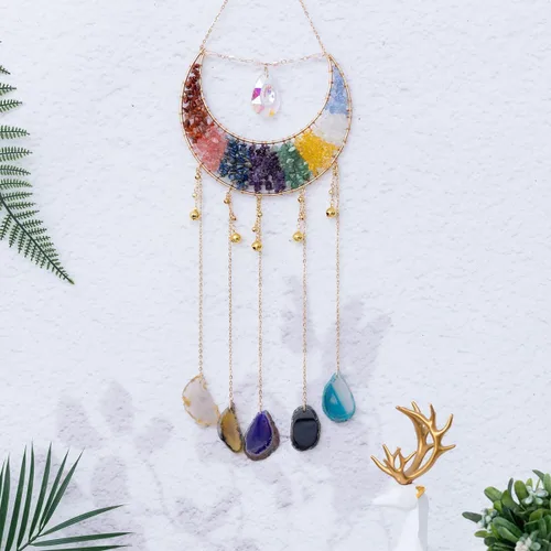 Miniatura 4 de Adorno de Ágata de Piedra de Cristal Gema Natural Árbol de la Vida Luna Atrapasueños con Cristal 7 Chakra Piedras Preciosas Atrapasueños de Arcoíris