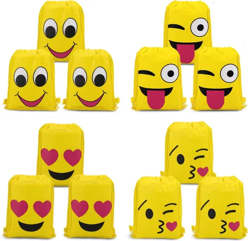 Konsait Bolsas de emoticon para suministros de fiesta de emoticon (paquete de 12), mochila con cordón de emoción, bolsa de hombro a granel para