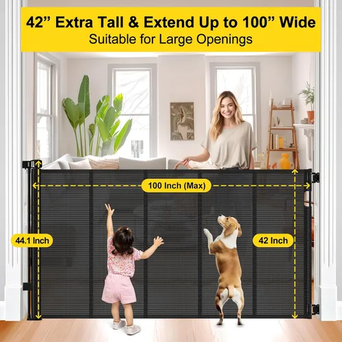 Miniatura 4 de Puertas retráctiles reforzadas para bebés de 42" de alto x 100" extra anchas para entradas de puertas, puerta extra alta para mascotas con barras