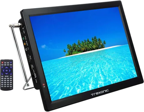 Trexonic Televisor LED portátil recargable de 14 pulgadas 720p con HDMI, SD/MMC, USB, VGA, entrada/salida AV y sintonizador digital incorporado