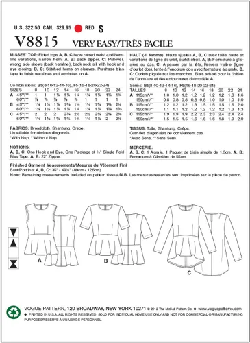 Miniatura 2 de VOGUE PATTERNS V8815 Misses Top, Talla B5 (8-10-12-14-16)