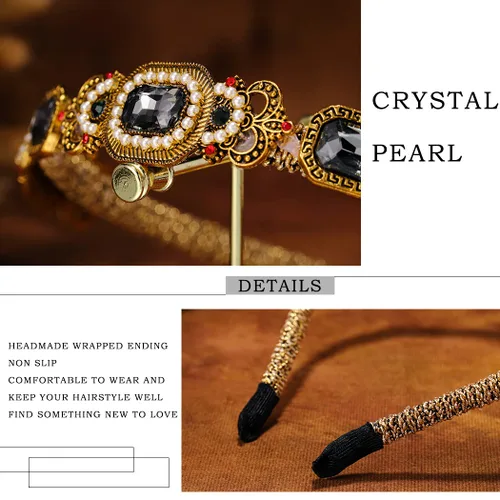 Miniatura 5 de Diademas de perlas doradas barrocas con diamantes de imitación para el cabello, aro de cristal para mujer (elegante)