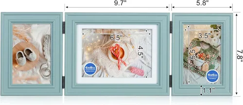 Miniatura 2 de Marco de fotos doble horizontal con bisagras plegable de 4 x 6 pulgadas en madera de pino negro con vidrio real para mesa X3-HEI-2H46