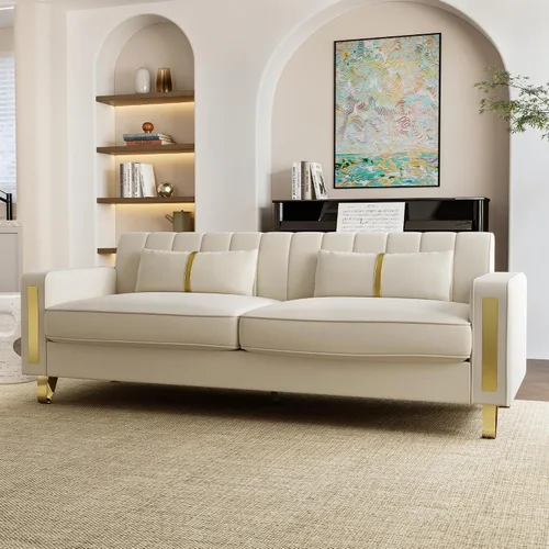 Miniatura 6 de Sofá de dos plazas para sala de estar, sofá de terciopelo beige de 86 pulgadas con 2 almohadas y patas de metal dorado, sofá tapizado moderno sofá