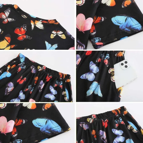 Miniatura 5 de Go Mai Conjunto deportivo de 2 piezas para mujer, conjunto deportivo con lentejuelas y labios y estampado de mariposas y pantalones cortos