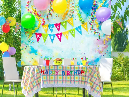 Miniatura 4 de BELECO Telón de fondo de tela de poliéster de cumpleaños, 5 x 3 pies, incluye decoraciones de feliz cumpleaños, globos, pancarta, para fiesta