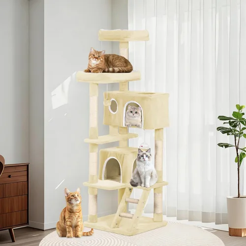 Torre de árbol para gatos de 53 pulgadas, centro de actividades para interiores de varios niveles con postes rascadores de sisal, condominio, percha