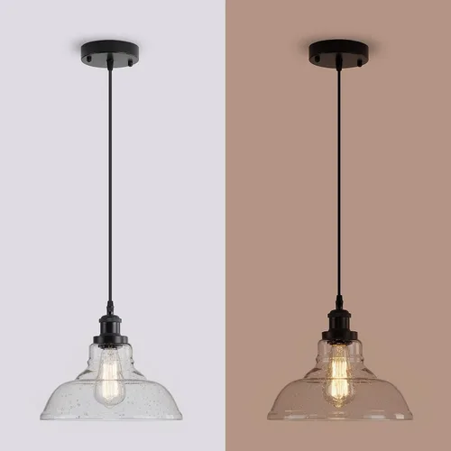 Miniatura 2 de GLADFRESIT Luces colgantes industriales, luz colgante vintage sobre mesa, pantalla de cristal de cúpula de burbuja negra, cabezal y base de lámpara