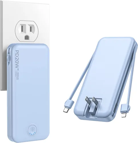 Miniatura 12 de Cargador portátil, 20000 mAh 22.5 W, cargador de energía de carga rápida con cables integrados y enchufe de pared, batería externa USB C con Púrpura