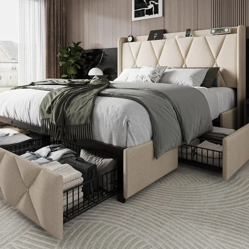 Einhomn Marco de cama de tamaño completo con 4 cajones de almacenamiento y estación de carga, marco de cama plataforma tapizada con cabecera de Beige