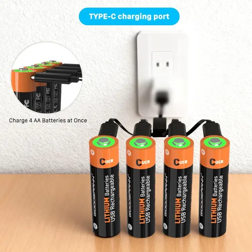 Miniatura 5 de GOODSMANN Paquete de 4 baterías recargables AA de iones de litio con cargador USB-C de 4 ranuras, salida de 1.5 V, 1700 mAh hasta 1000 ciclos