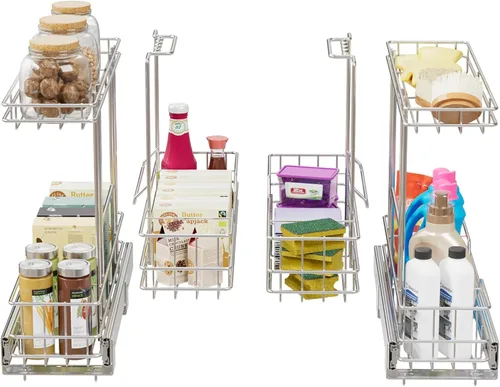 Miniatura 13 de Organizador de gabinete extraíble de 2 niveles para debajo del fregadero, cesta de estante de alambre deslizante para gabinetes de base de cocina, 9