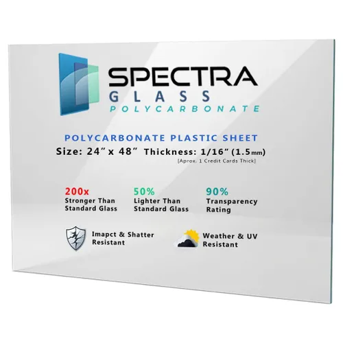 Hoja de plástico de policarbonato transparente Spectra Glass de 24 x 48 pulgadas (1/16 pulgadas de grosor). Más fuerte que las láminas de plexiglás.