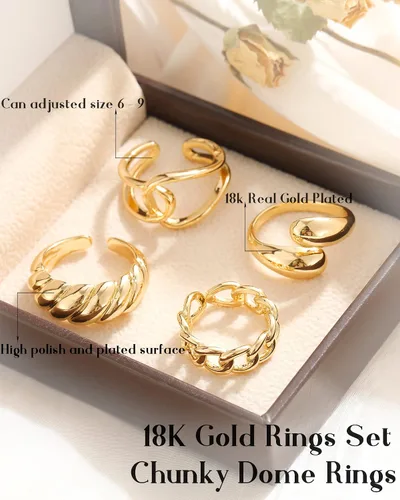 Miniatura 7 de FAXHION Juego de 10 anillos gruesos de oro de 18 quilates para mujeres y niñas, anillos trenzados chapados en oro, apilables, anillos midi, anillos