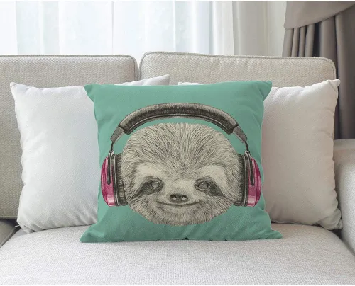 Miniatura 7 de Moslion Funda de almohada decorativa de perezoso con auriculares, funda de almohada cuadrada de lino y algodón de 18 x 18 pulgadas para sofá cama