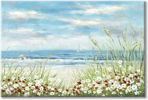 UTOP-art Arte de Pared de Pintura Abstracta de Flores Silvestres: Flores en la Playa con Olas del Océano, Paisaje Marino, Obra de Arte en Lienzo