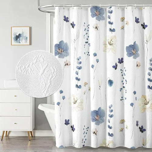 QiyI Cortina de ducha con flores en acuarela, cortinas de baño con mariposas en relieve 3D gris beige, cortina de baño de tela blanca minimalista,